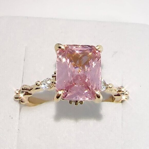 Princess Cut Pink CZ Ring Gold Plated Brass Size 6 - Picture 5 of 13